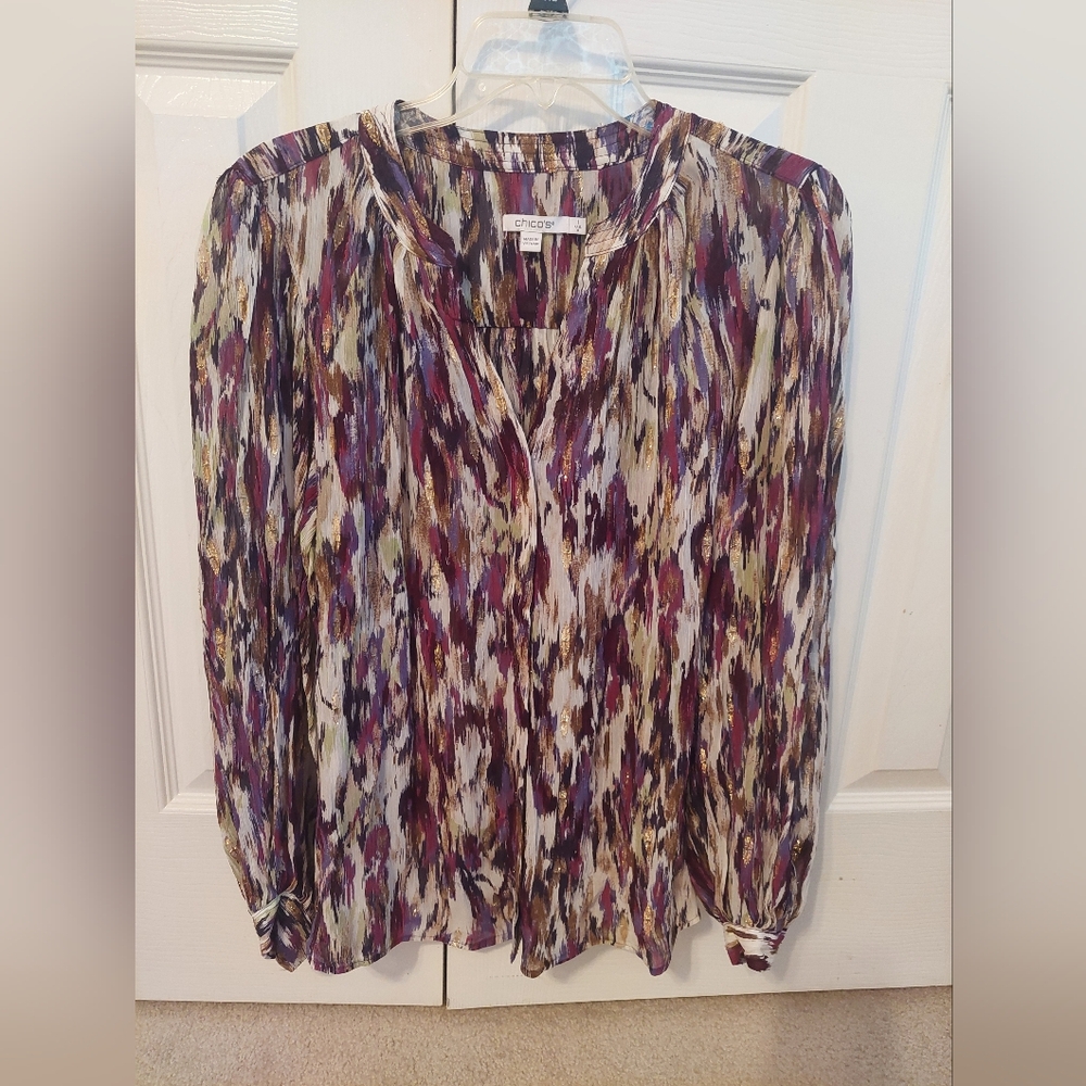 Chico's Purple and Cream Patterned Blouse
